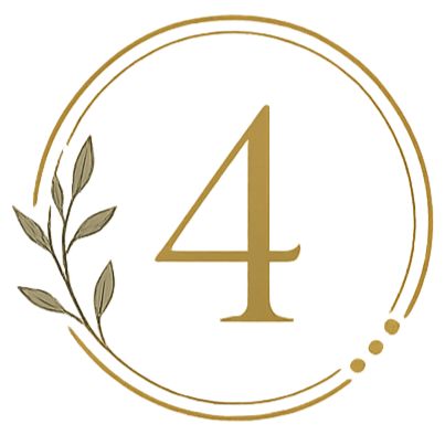 Golden number 4 inside a gold circle with a small branch of leaves on the left side.