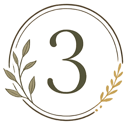 Number three on a decorative circular background with leaf accents.