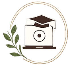 Illustration of a camera with a graduation cap, surrounded by a leafy branch and a circular outline.