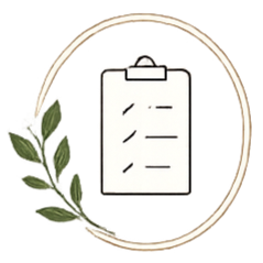 Clipboard with paper and leaf illustration, surrounded by a circular gold border