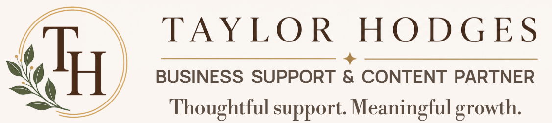 Business card for Taylor Hodges with initials TH inside a circle with a green leafy branch, and text reading "Taylor Hodges, Business Support & Content Partner, Thoughtful support. Meaningful growth."