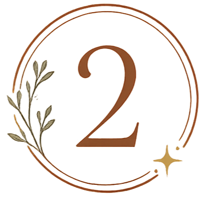 Decorative design with a large number '2' inside a circular border, olive branch on the left, and a small star on the bottom right.