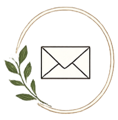 Envelope icon inside a circular frame with a beige background, decorated with green leaves on the left side.