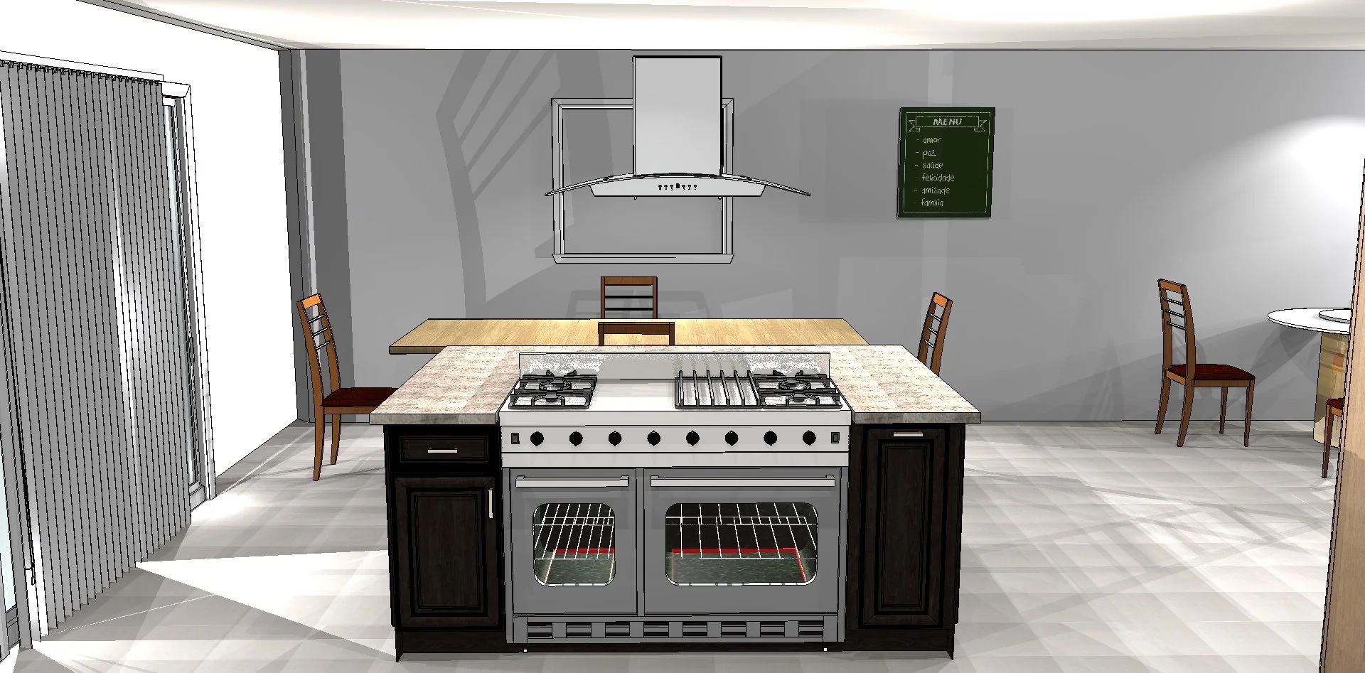 Kitchen with a stove in the foreground, a small dining table with four chairs near a window, and a blackboard menu on the wall.