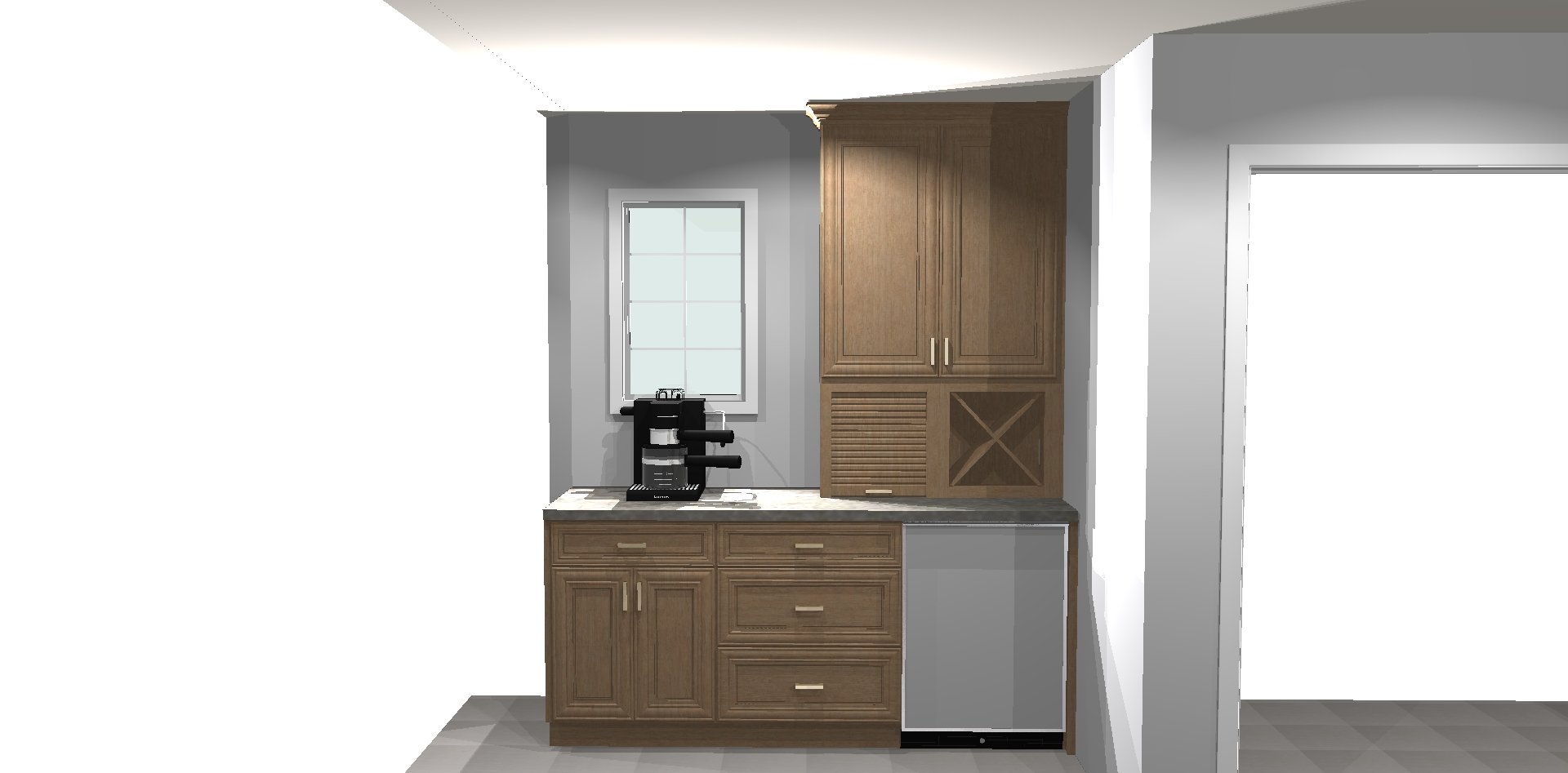 Kitchen corner with wooden cabinets, a countertop, and a coffee machine near a window, adjacent to an opening in the wall.