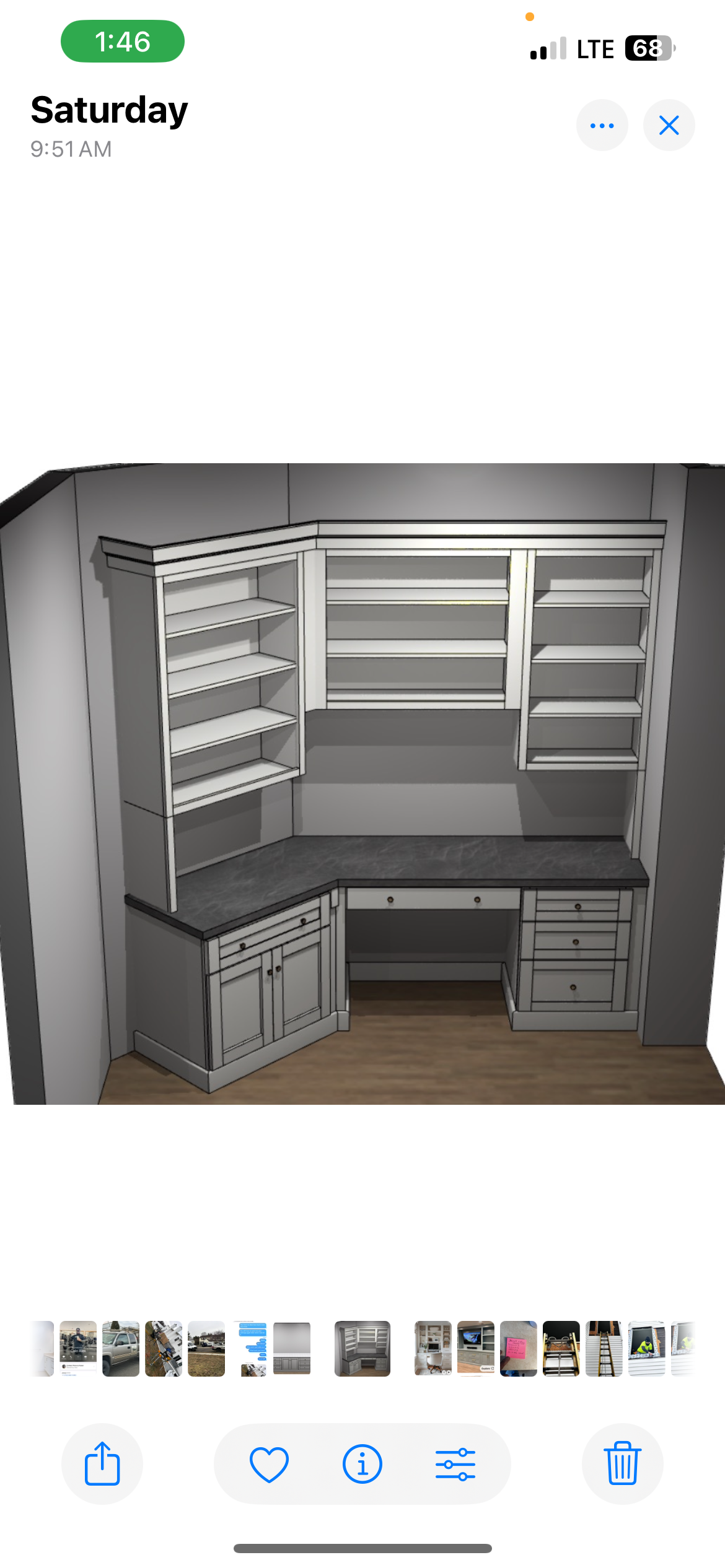 3D rendering of a built-in corner desk with white cabinetry, open shelves, and a marble countertop in a gray room.