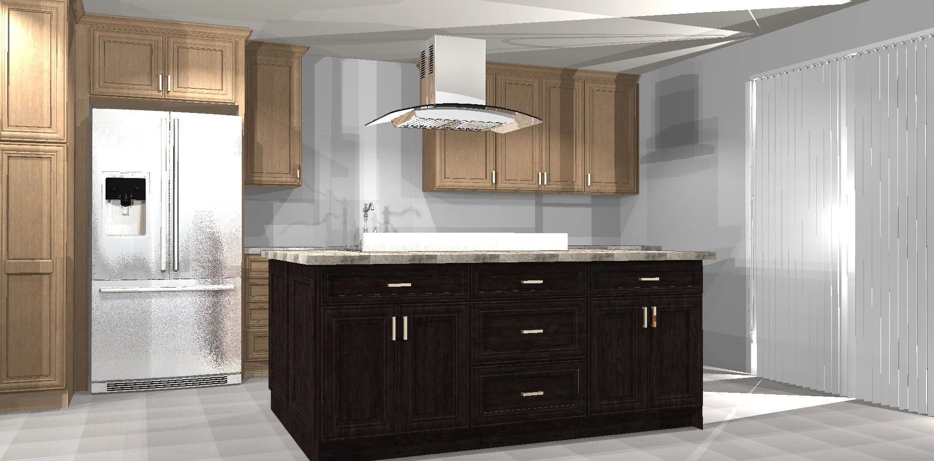 Modern kitchen featuring a white side-by-side refrigerator, light brown upper cabinets, a dark brown kitchen island with drawers, and a large window with vertical blinds.