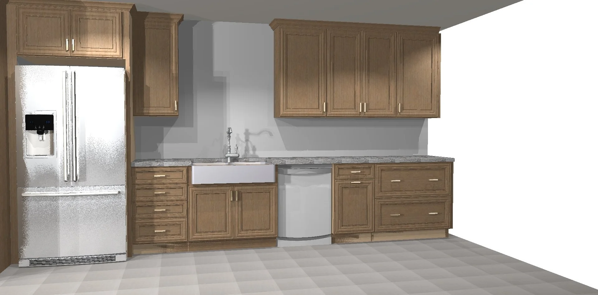 Kitchen with wooden cabinets, marble countertop, white farmhouse sink, stainless steel refrigerator, and tiled floor.