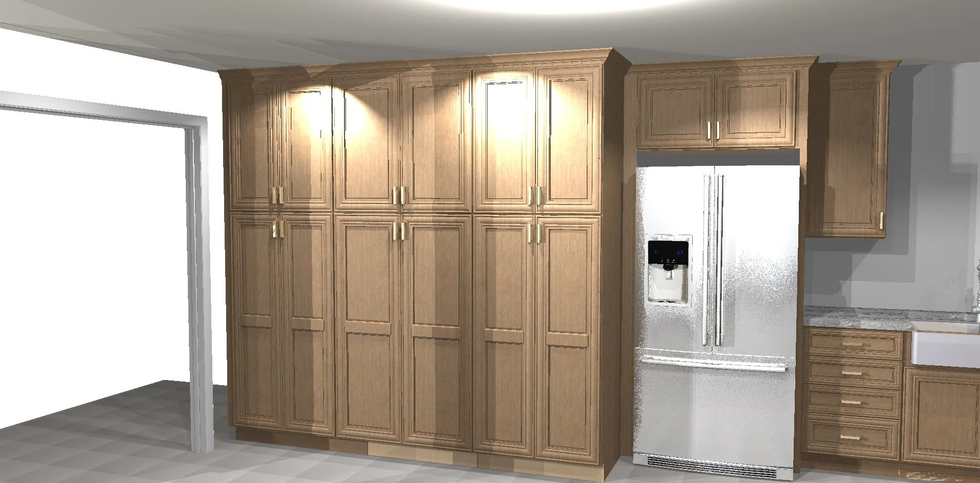 Kitchen with wooden cabinets and a stainless steel refrigerator with an external water and ice dispenser.