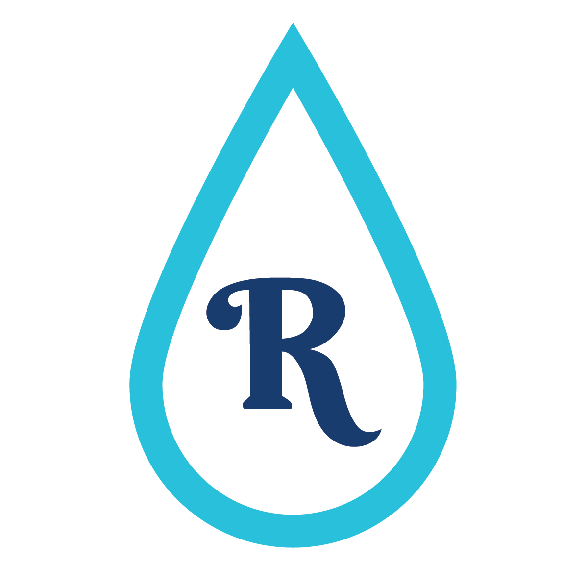 A water droplet logo with a blue outline and a white interior, featuring a large navy blue letter 'R' in the center.