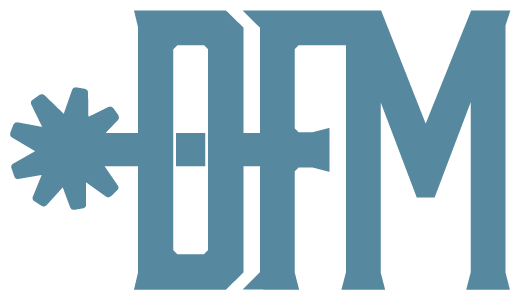 The word 'DHM' stylized in blue capital letters with a spur to the left.
