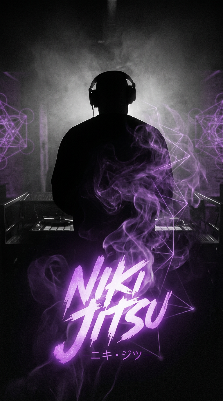 Silhouette of a DJ wearing headphones, standing behind a DJ booth with purple smoke and geometric light effects, with the text 'NIKI JITSU' in bold purple letters and Japanese characters below.