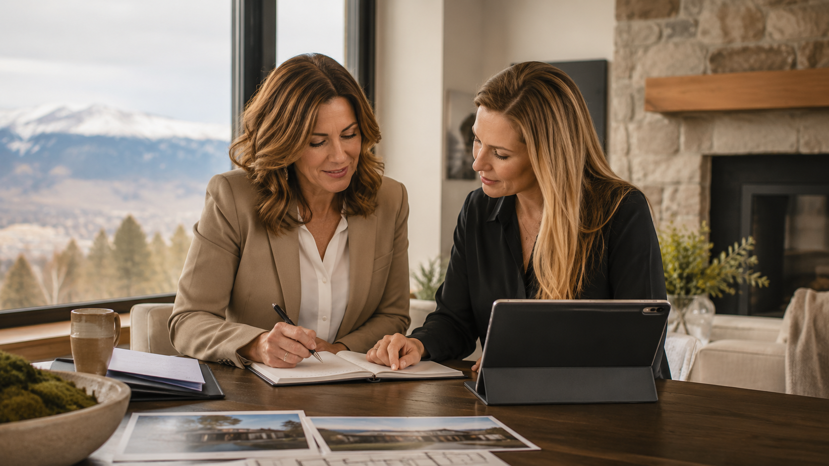 Two professionals reviewing estate documents in a Colorado home