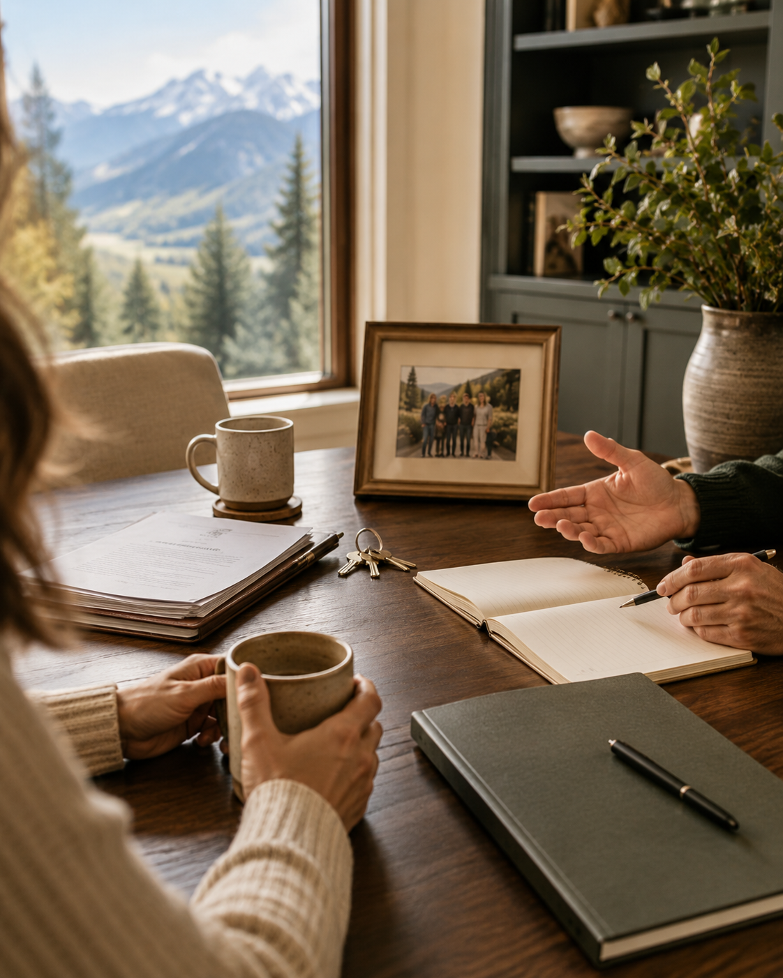 Estate consultation inside a Colorado home with family documents, photographs, and property keys
