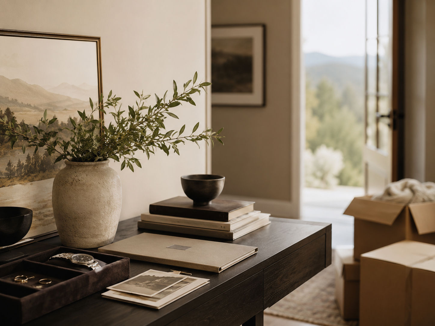Household items and documents being reviewed during an estate transition