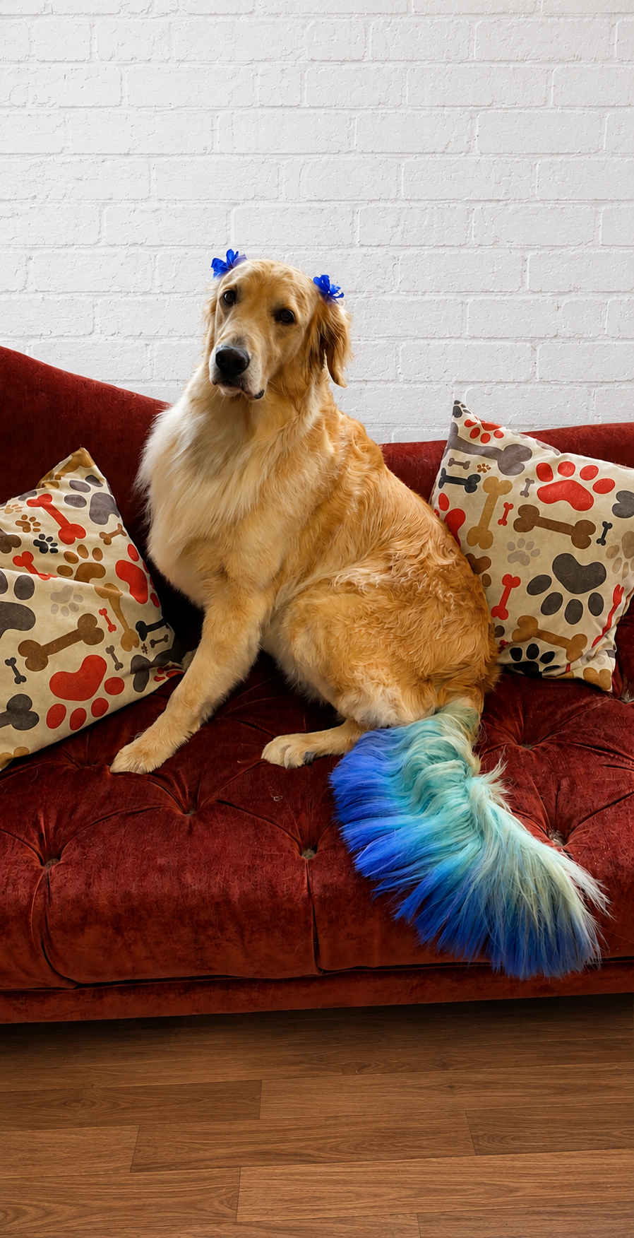 Golden retriever dog with a rainbow-colored tail sitting on a red velvet couch between two dog-themed pillows.