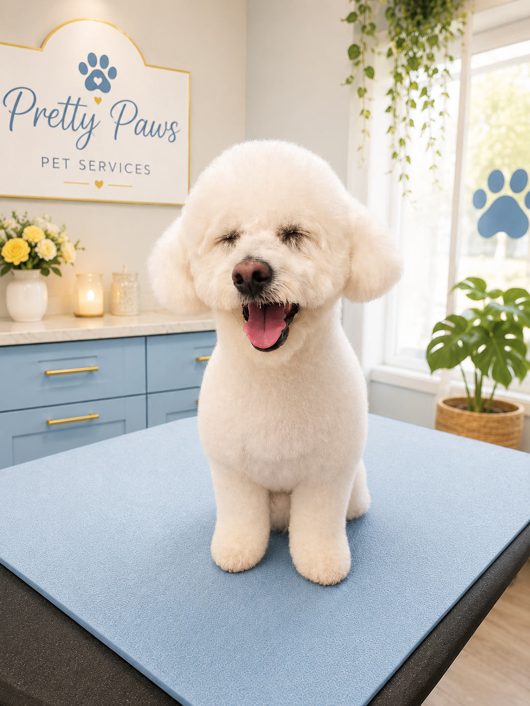 A happy white fluffy dog with closed eyes and tongue out, sitting on a blue grooming table inside pet grooming salon with Pretty Paws Pet Services sign.