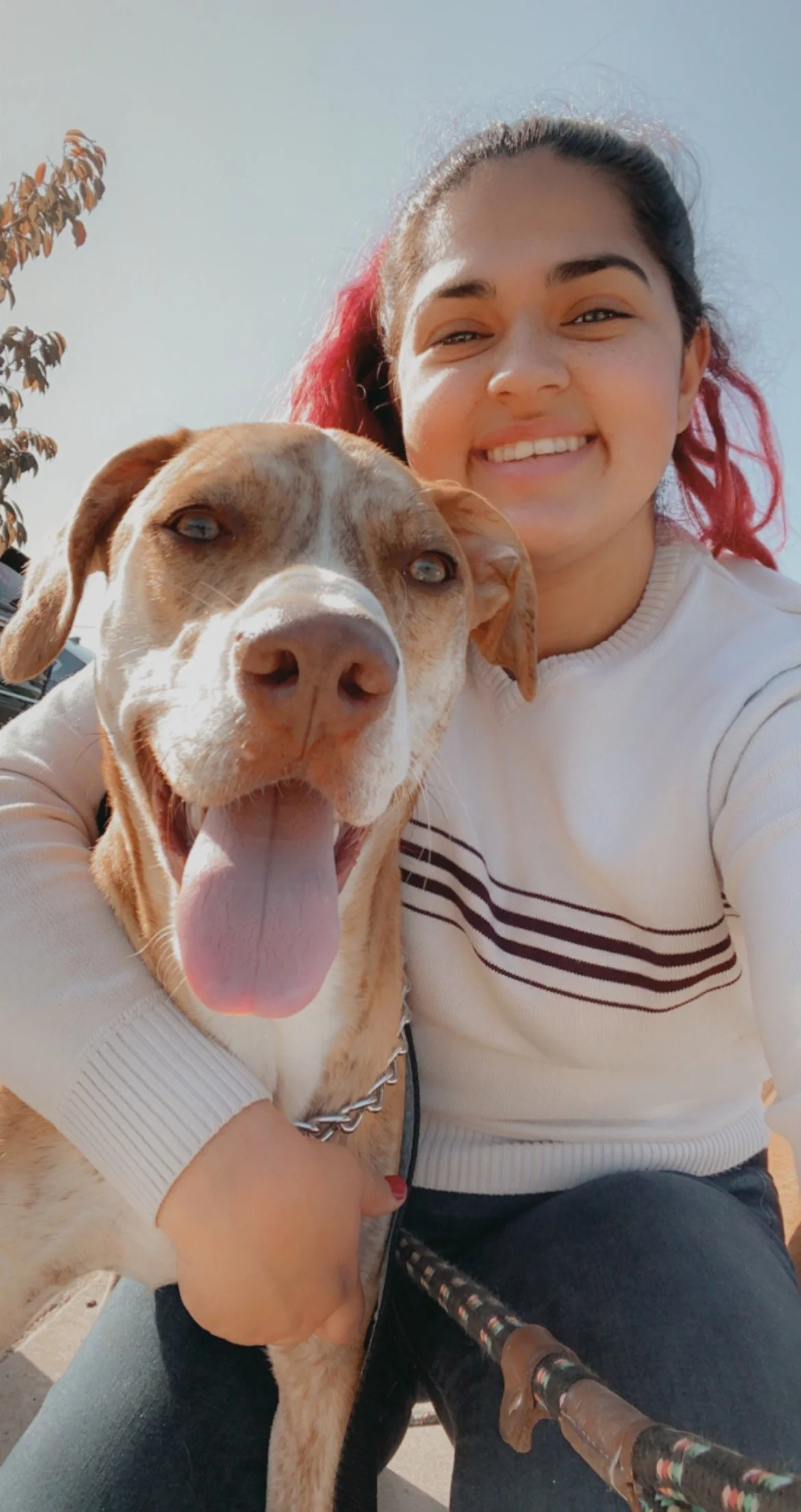 A young woman with dark hair and red tips smiling while holding a happy, tan and white dog with blue eyes and its tongue out outdoors.
