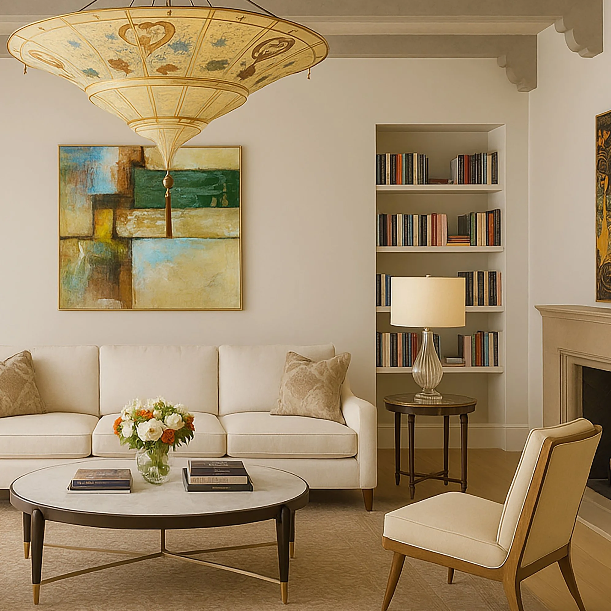 Living room with a white sofa, a round coffee table with books and a bouquet of flowers, a side table with a lamp, a built-in bookshelf filled with books, a large abstract painting on the wall, and a decorative ceiling light.