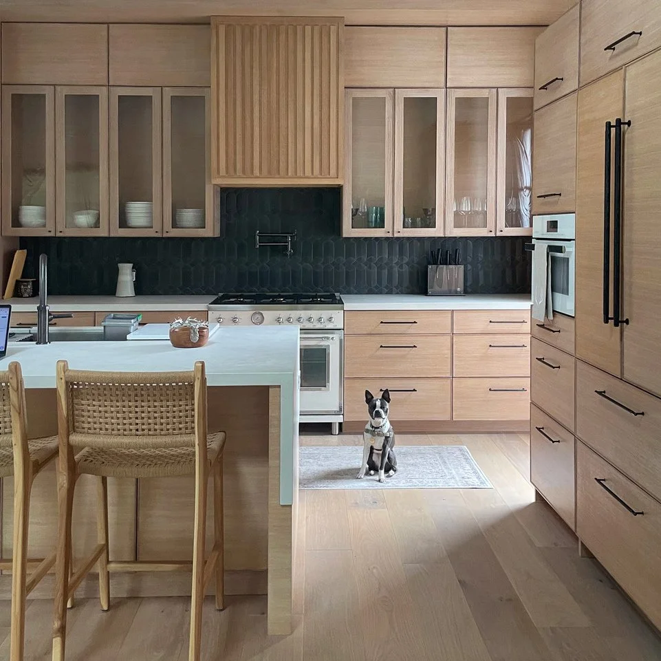 Modern kitchen with light wood cabinets, black backsplash, and a white countertop. A small dog sits on a rug near the kitchen, facing forward. There are various kitchen appliances and utensils, including a stove, oven, and knife block.
