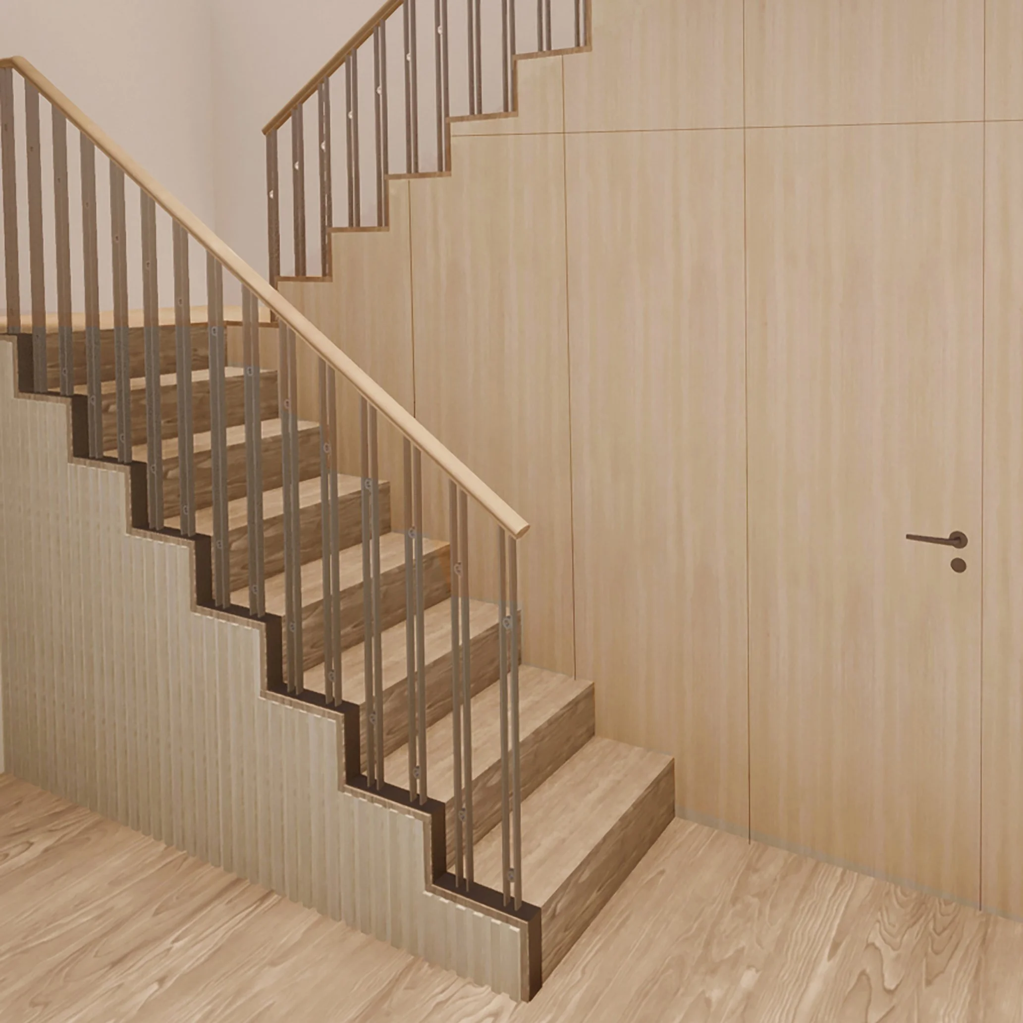Interior view of a staircase with metal railing, light wood steps, and a matching wooden handrail, against a wall with vertical wood paneling, in a modern building.