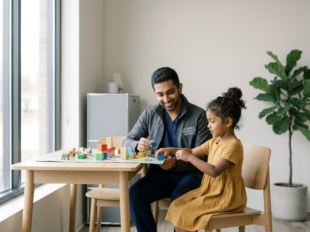 A man and a young girl playing with toy blocks and animal figurines at a wooden table in a bright room with large windows and a potted plant.