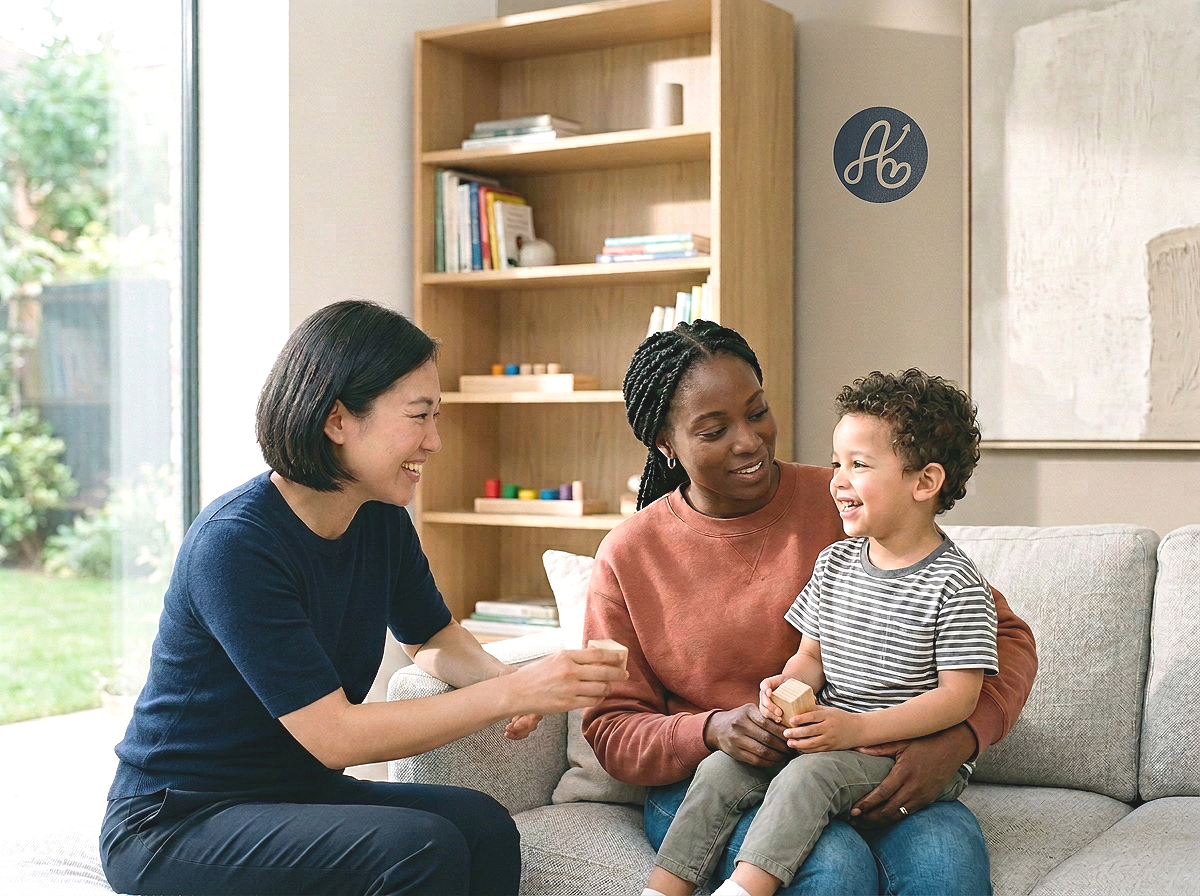 Three people, two women and a young boy, sitting on a sofa inside a living room, engaging in a playful activity with blocks, and smiling at each other.
