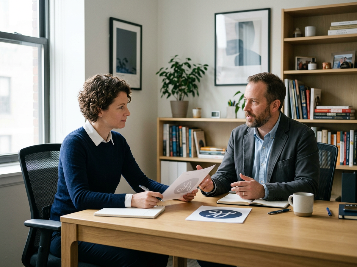 A man and woman having a serious discussion at an office desk. The woman is holding a document, and the man is listening attentively. The office has bookshelves, framed artwork, and a potted plant in the background.