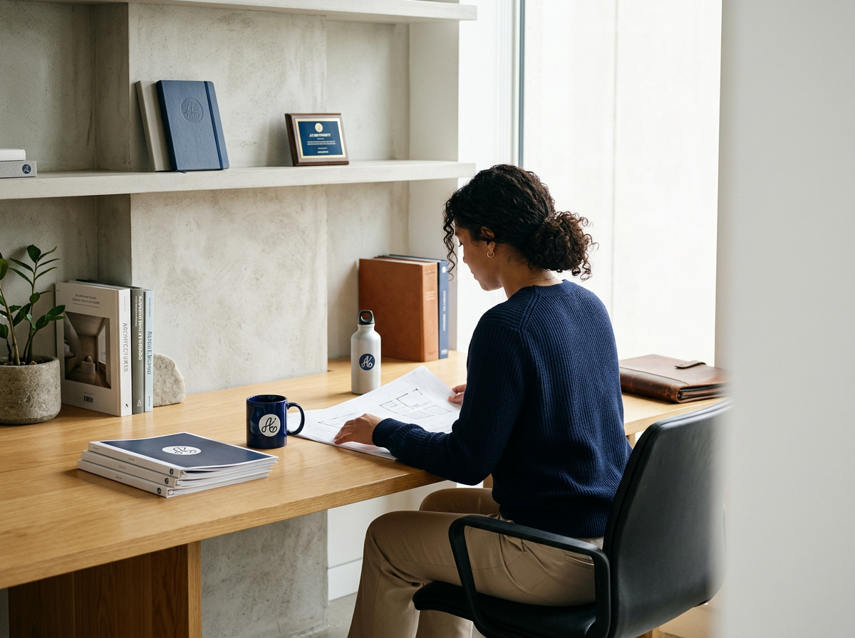 A woman sitting at a desk, reviewing architectural plans with books, a mug, a water bottle, and a folder in an office with natural light.
