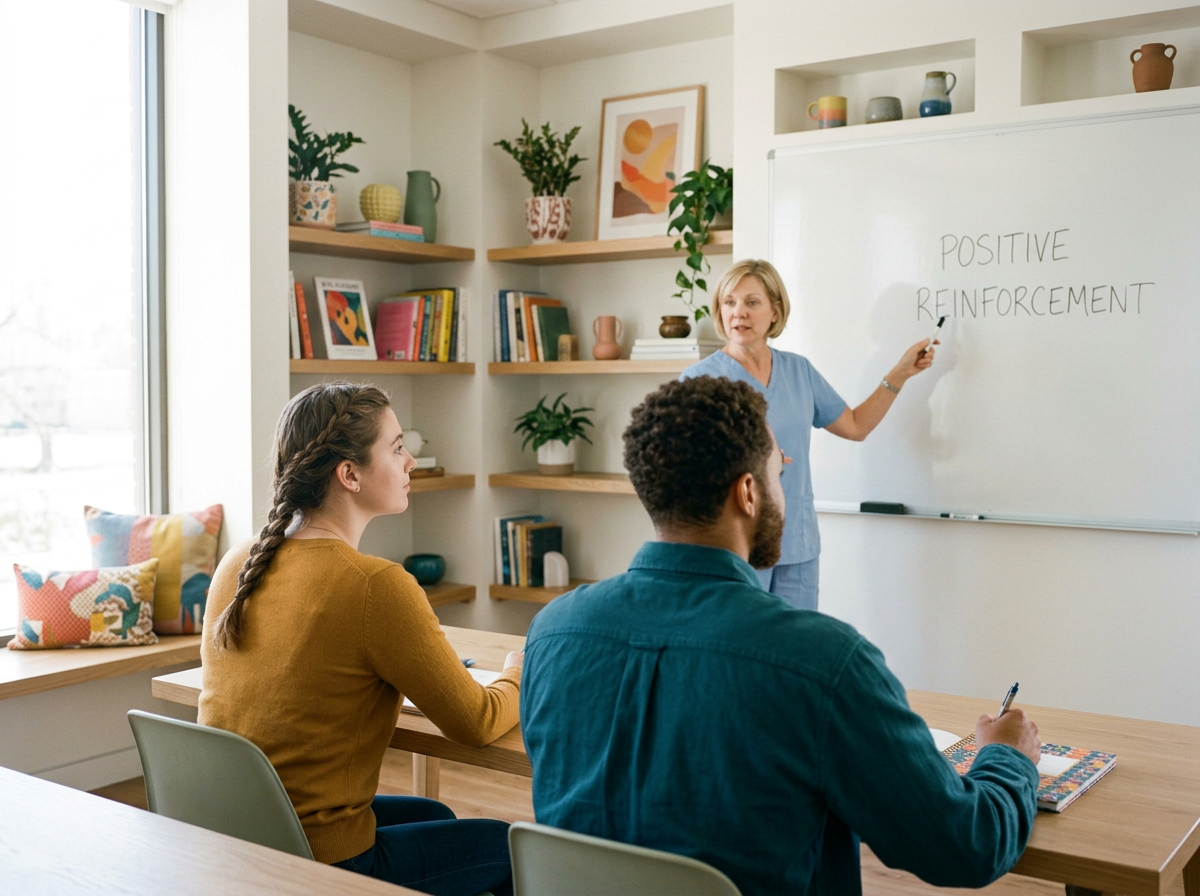 A classroom or workshop setting where a woman in blue scrubs is giving a lecture or presentation to two students seated at a wooden table. The woman is pointing at a whiteboard with the words 'POSITIVE REINFORCEMENT' written on it. The room has shelves with books, plants, and decorative items, and large windows letting in natural light.