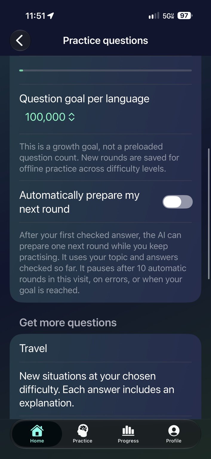 Your question library — Set a growth goal and optionally prepare the next practice round.