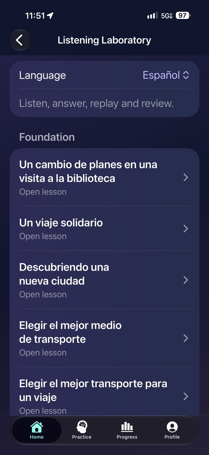 Listening lessons — Browse practice at different difficulty levels.