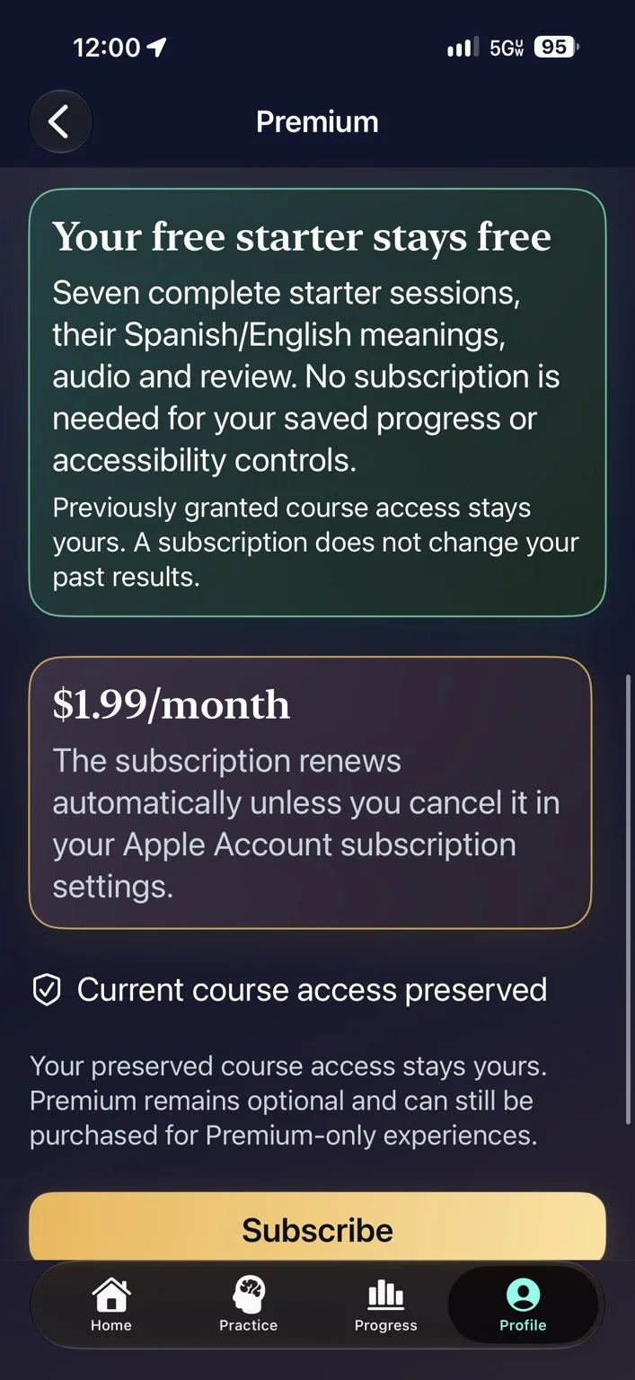 Free starter and optional Premium — Seven starter sessions, saved progress and accessibility controls.