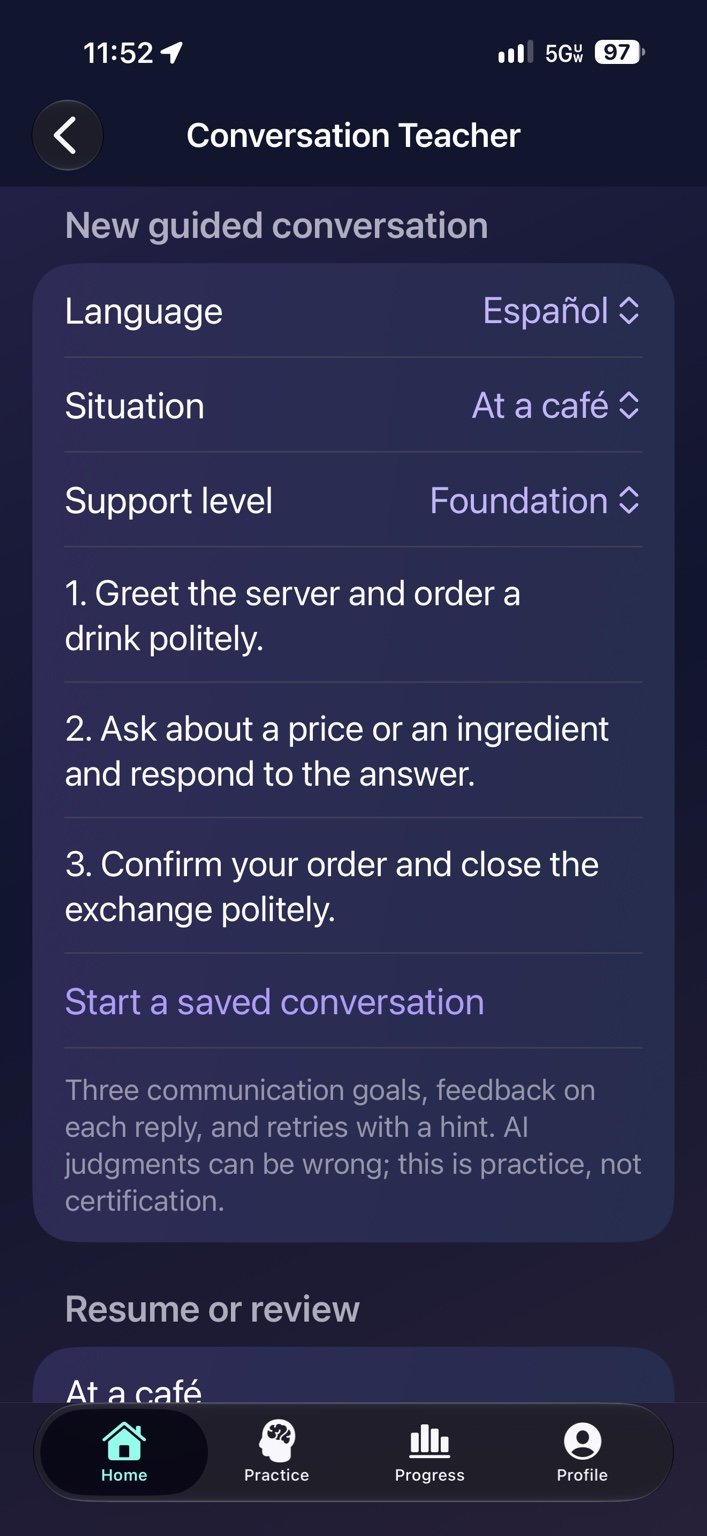 Conversation Teacher — Choose a situation and guided goals.