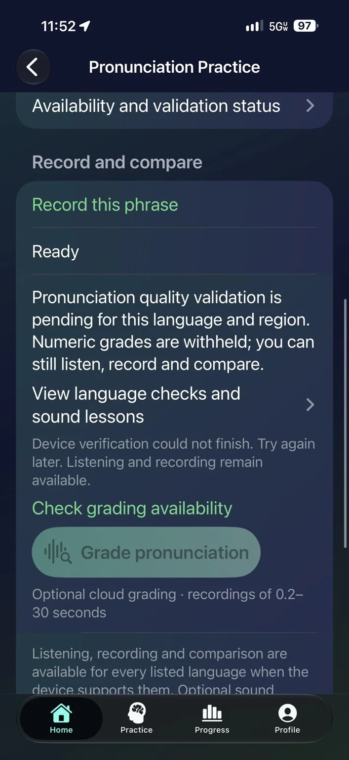 Record and compare — Check pronunciation grading availability for your language and device.
