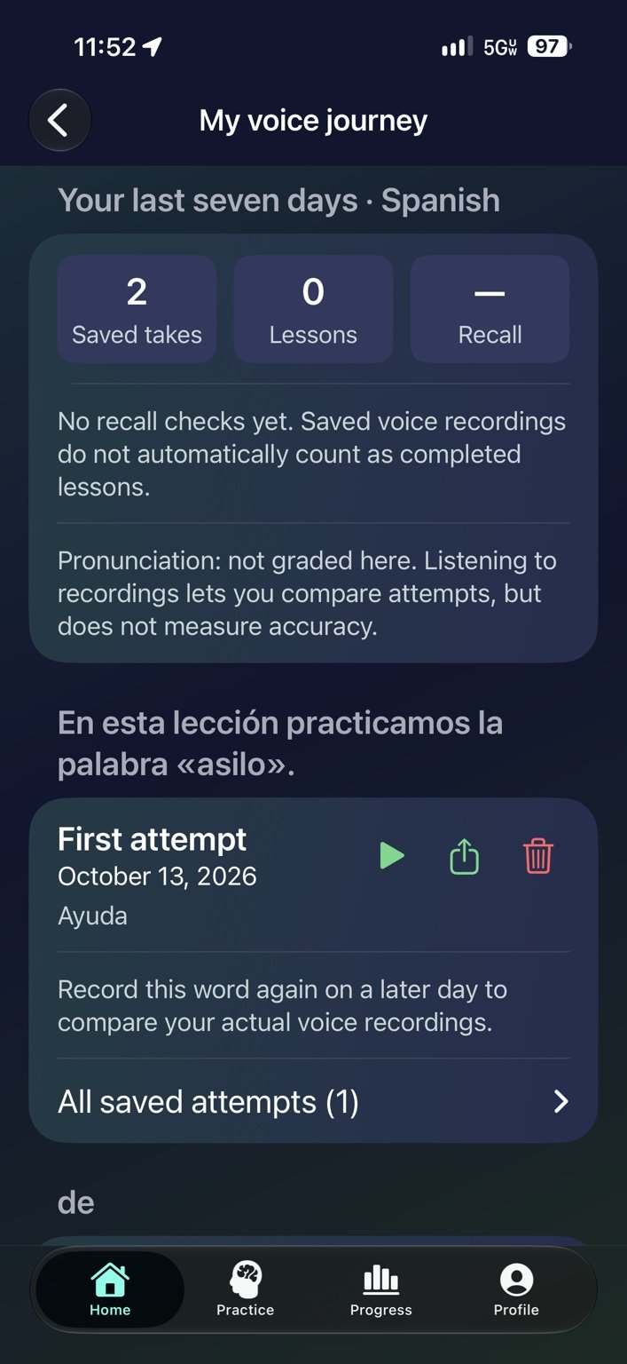 My voice journey — Replay saved recordings and compare your attempts over time.