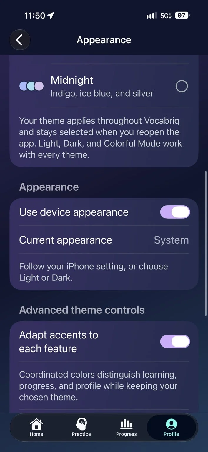 Appearance settings — Follow your device appearance and choose feature accents.