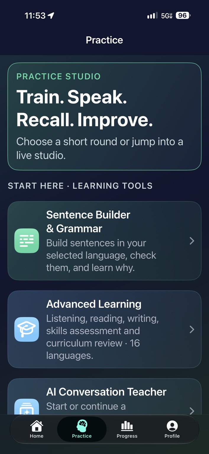Practice studio — Open Sentence Builder & Grammar, Advanced Learning and Conversation Teacher.