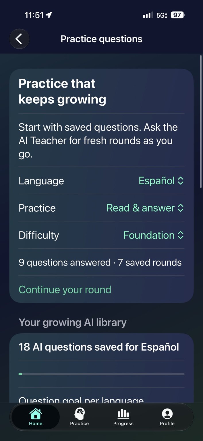 Practice questions — Choose a language, practice type and difficulty, then continue a saved round.