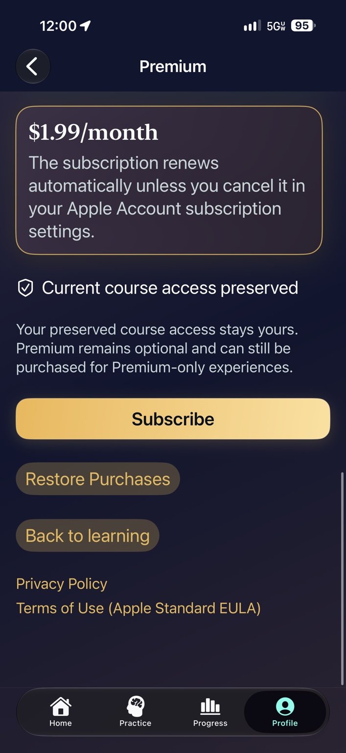 Subscription options — View current pricing, restore purchases and find privacy and terms links.