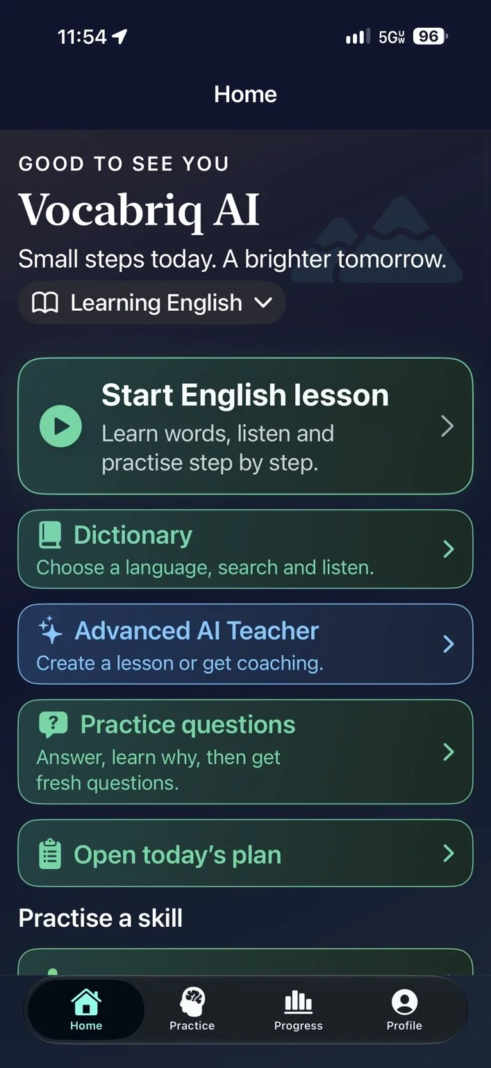 Vocabriq AI version 1.0.10 preview: Home with daily lessons, Dictionary and practice questions.