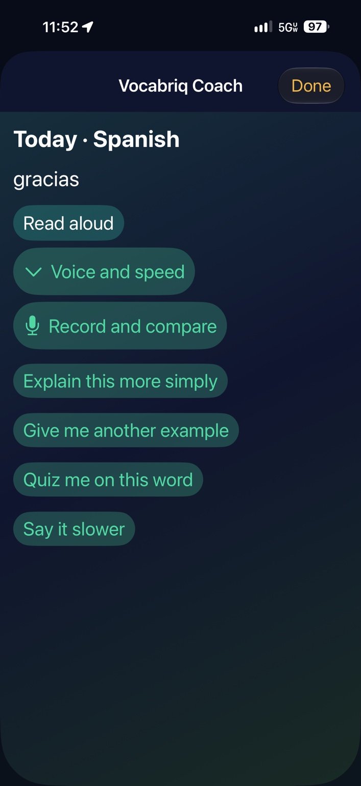 Vocabriq Coach — Ask for simpler explanations and examples.