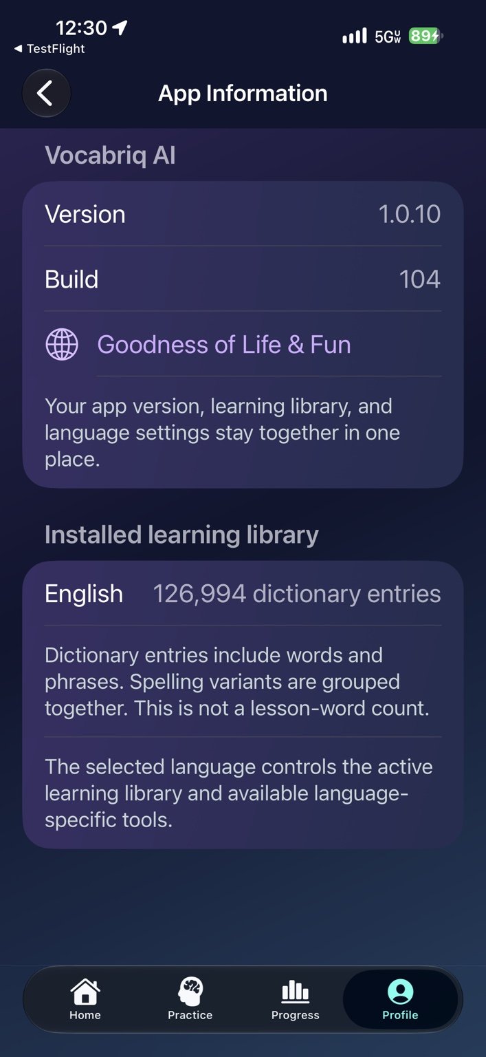 App information — See the installed version, build and dictionary entry count.