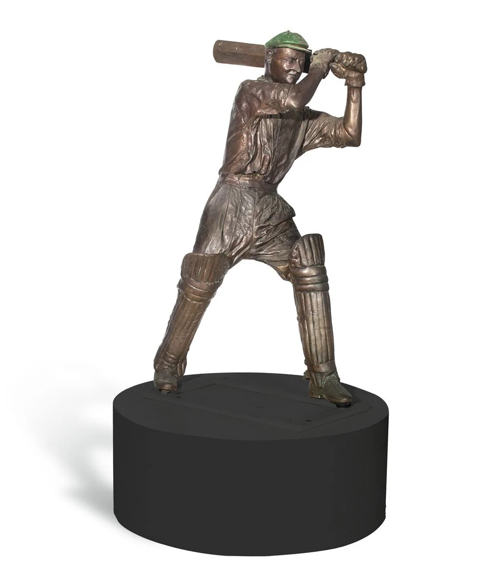 A life-size hollow-cast bronze statue of Donald Bradman, by Carl Valerius