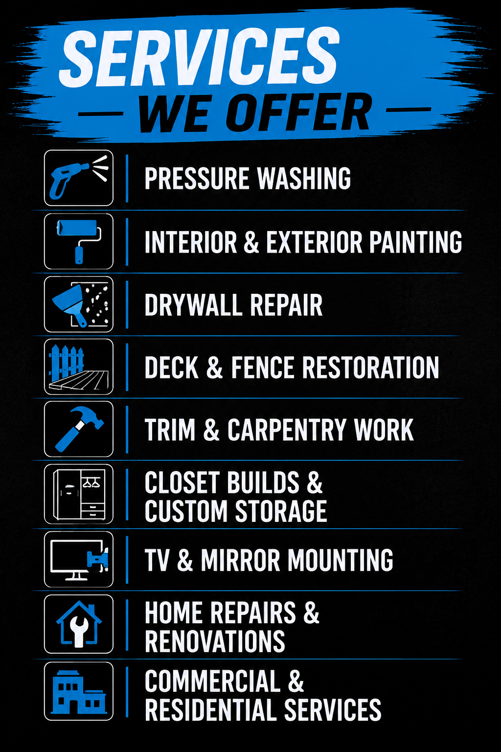 Sign listing services offered, including pressure washing, interior and exterior painting, drywall repair, deck and fence restoration, trim and carpentry work, closet builds and custom storage, TV and mirror mounting, home repairs and renovations, and commercial and residential services, with icons for each.