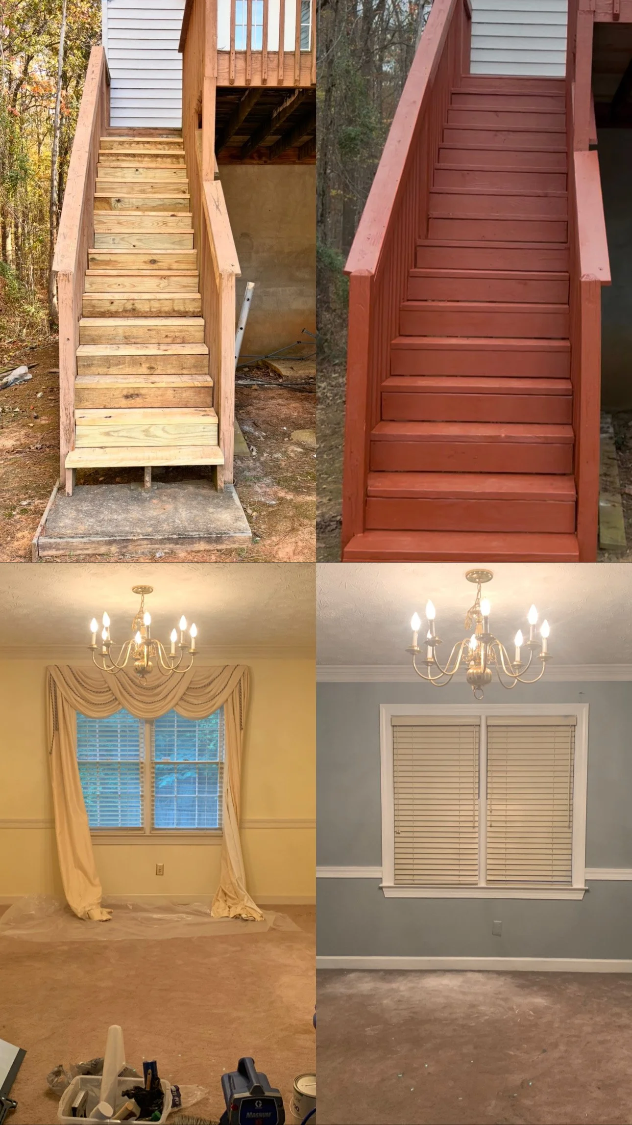 Comparison of two sets of stairs and two rooms with chandeliers and curtains. The stairs on the left are unfinished wood, while the stairs on the right are stained dark red. The rooms have different window treatments: the left has draped curtains and the right has blinds. The bottom images show interiors with chandeliers and different window coverings, one with draped curtains and the other with closed blinds.