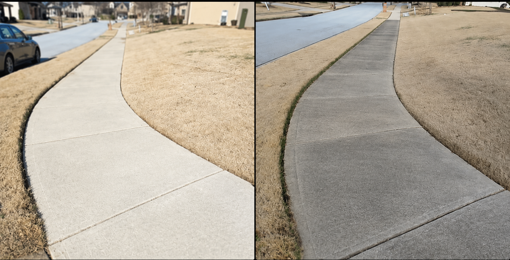 Comparison of two curved sidewalks in a neighborhood, the left sidewalk has cleaner, lighter concrete and the right sidewalk has darker, more textured concrete, both bordered by dry grass and adjacent to a street with parked cars.