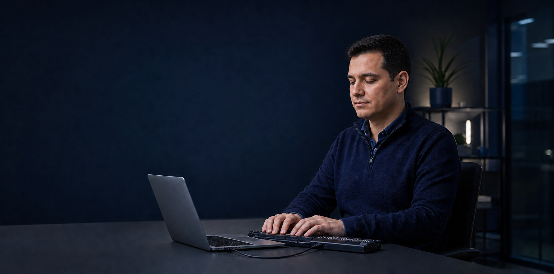 Professional using a laptop and refreshable braille display.