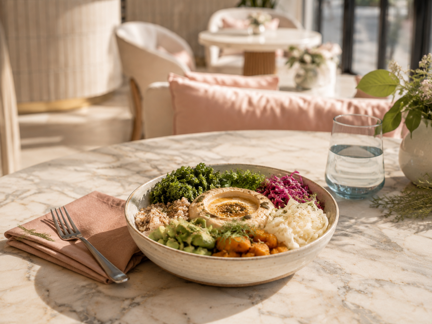 Colorful hummus bowl set for lunch at Hula Mula in Downtown Orlando