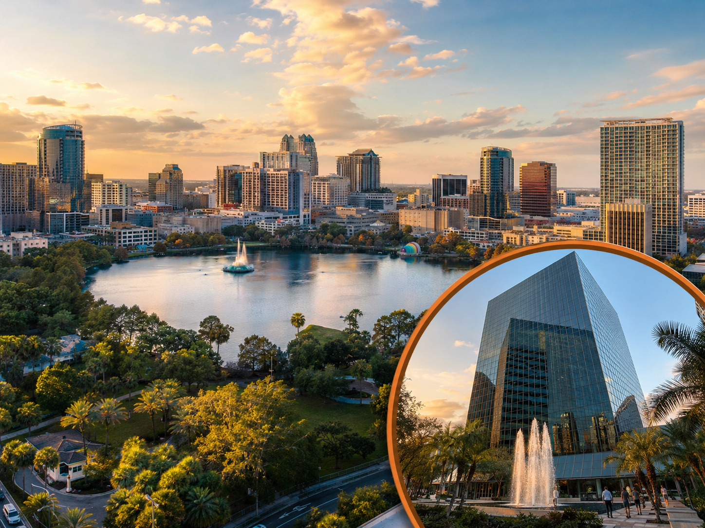 Golden-hour view of Lake Eola and Downtown Orlando with a close-up of Hula Mula’s fountain-side building